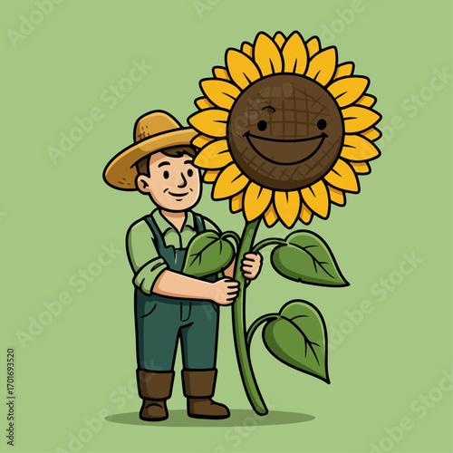 A cheerful farmer wearing overalls and a straw hat stands next to a giant, smiling sunflower.