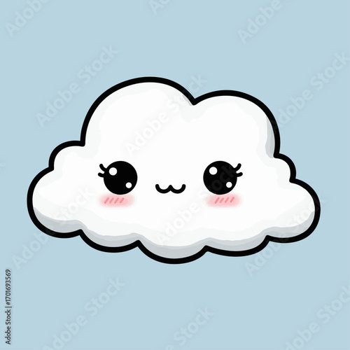 A cute, kawaii-style cartoon cloud with big, sparkling eyes and rosy cheeks against a light blue background.