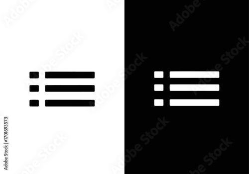List icon: A versatile minimalist list icon, clean and modern, perfect for various digital design applications and user interfaces, appearing in two contrast black and white design.