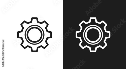 Gear Icon: A graphic display of two identical gear icons, presented in both black and white variants, showcasing simplicity and adaptability.