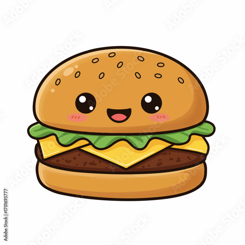 A cute cartoon illustration of a smiling hamburger with big eyes and rosy cheeks.