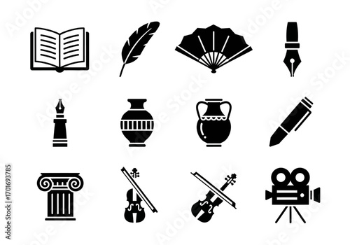 Ancient Elements: A set of illustrations of historical elements, with detailed penmanship, for historical, educational, or design purposes.