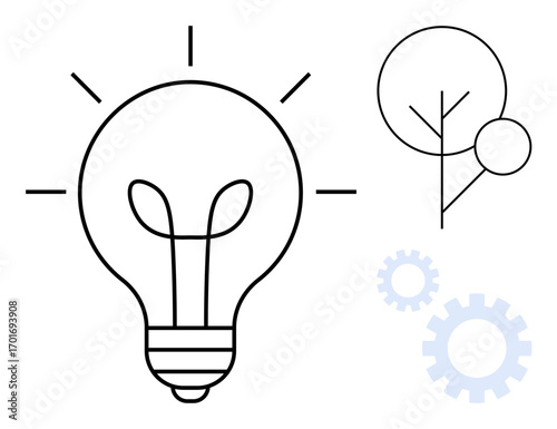 Light bulb emitting rays, stylized tree, and gears conveying innovation, problem-solving, sustainability, and growth. Ideal for creativity, progress, ecology teamwork green energy brainstorming