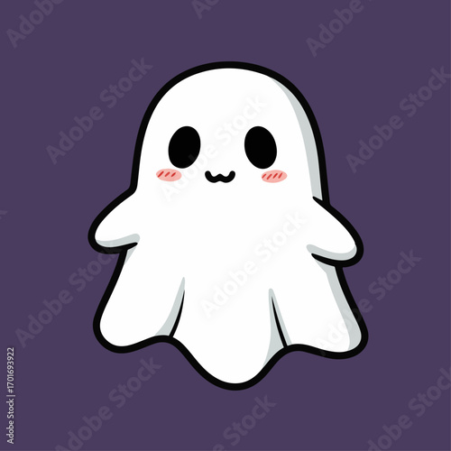 A cute, cartoonish white ghost with big black eyes and rosy cheeks, set against a dark purple background.