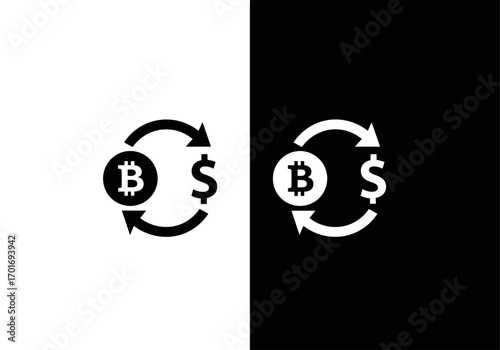 Bitcoin and Dollar Exchange Icon: A minimalist representation showcasing the dynamic exchange between Bitcoin and the dollar, representing the flow of currency in the digital age.