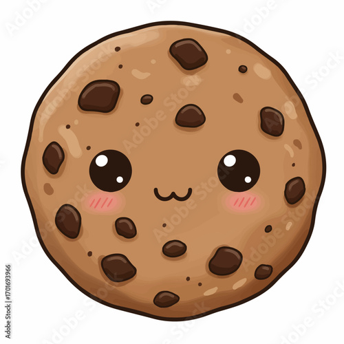 A cute, kawaii-style chocolate chip cookie with a happy face and rosy cheeks.