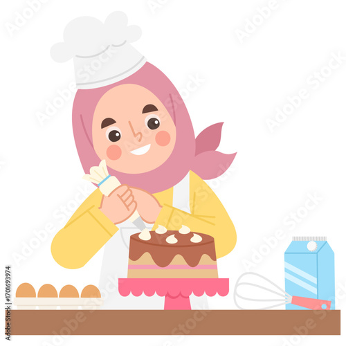 Illustration of Woman Decorating Cake