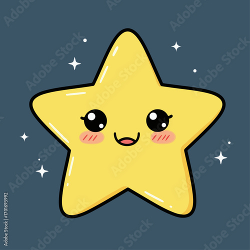 A cute, smiling yellow star with rosy cheeks and sparkling eyes, set against a dark blue, starry background.
