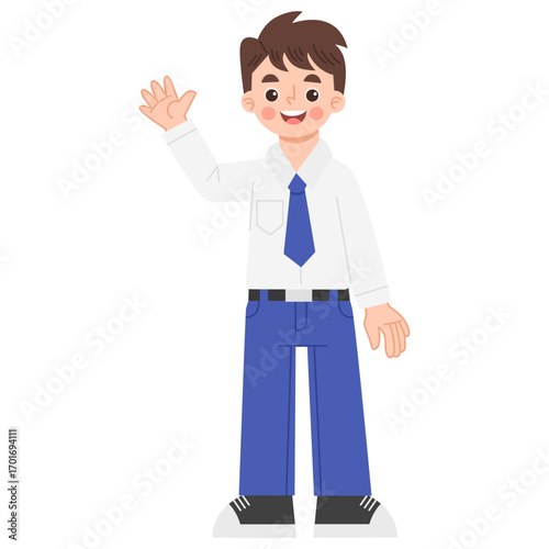 Illustration of a male junior high school student waving
