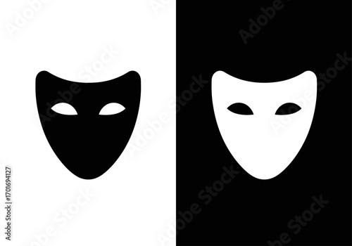 Symbolic Theatricality: Two contrasting masks, one black and one white, representing the duality of performance and the human experience.