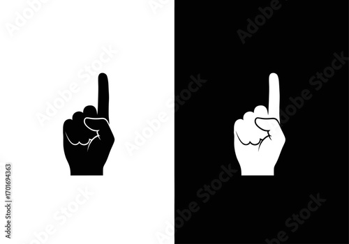 Finger Pointing Up Symbol: A stylized rendering of a hand, featuring an extended index finger pointing upwards. Illustrated in a striking black and white contrast.