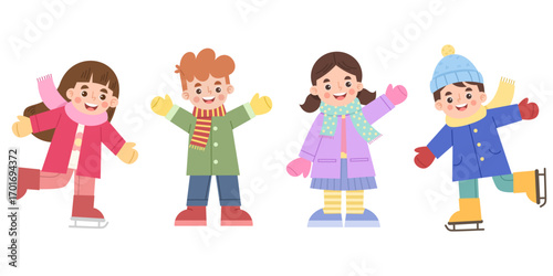 Illustration of a set of children wearing winter clothes