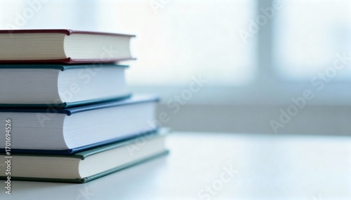 Stack of Educational Books on a White Table, Soft Background, Concept for Learning and Knowledge
