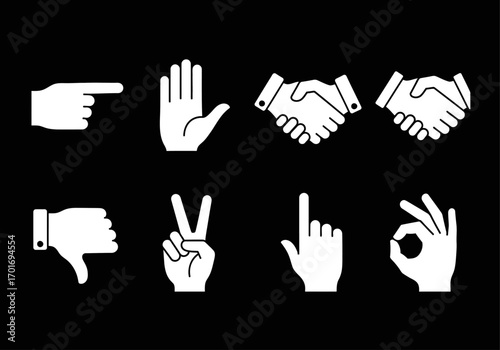 Hand Gestures: A collection of minimalist white hand icons, each conveying a distinct message, from agreement to dissent, set against a stark backdrop