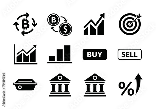 Cryptocurrency Trading Icon Set: An elegant collection of icon representing crypto-currency trading and finance, designed with sharp, modern aesthetics.