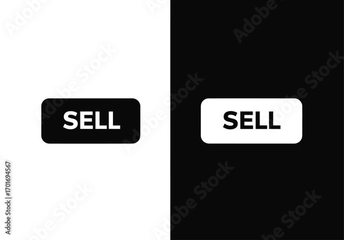 Sell Buttons Design: Minimalist graphic showcasing two distinct sell buttons, one in black and the other in white, designed for modern interface and design