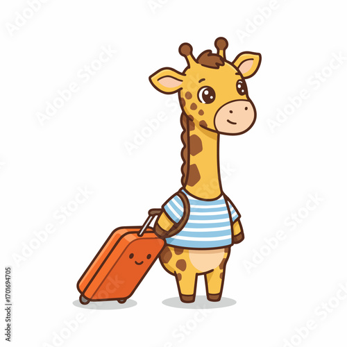 A cute cartoon giraffe wearing a striped shirt and pulling an orange suitcase, ready for a journey.