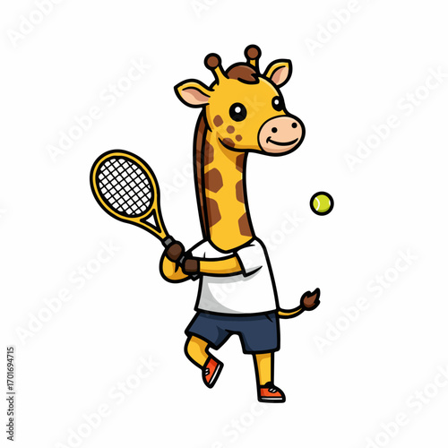 A cute cartoon giraffe playing tennis with a racket and ball.