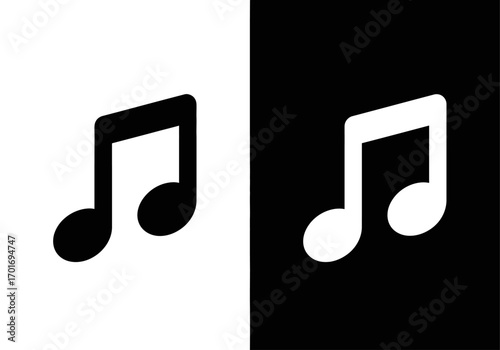 Musical Notes on Contrasting Backgrounds: Minimalist graphical composition, showcasing two musical note icons, one black on a white canvas, the other white against a black one.