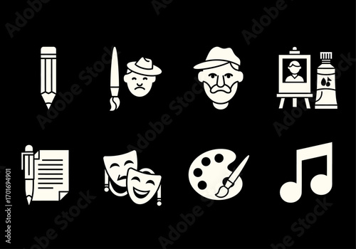 Artistic Icons: A collection of artistic icons, showcasing various forms of creative expression against a minimalistic backdrop. Representing a range of artistic tools and mediums. 