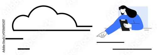 Woman holding tablet and pointing outward near cloud outline. Ideal for technology, cloud computing, data storage, collaboration, digital innovation, remote work, simple landing page