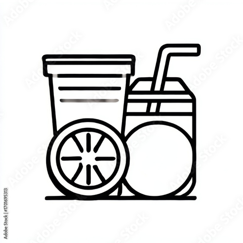 Outline icon of refreshing drinks and an orange slice, black and white, representing healthy summer beverages with copy space