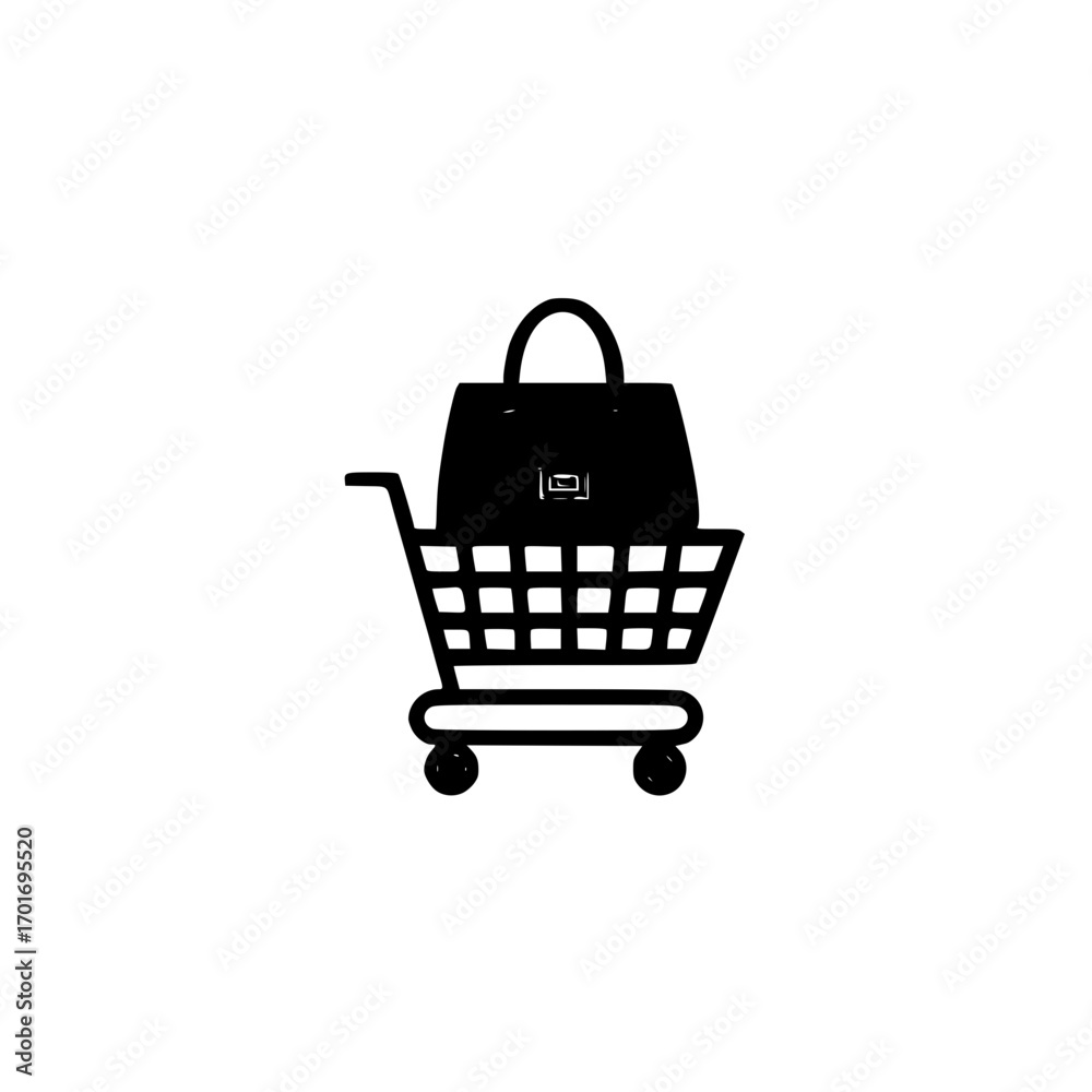 Fototapeta premium Retail shopping cart vector design featuring small handbag icon for fashion and commerce use