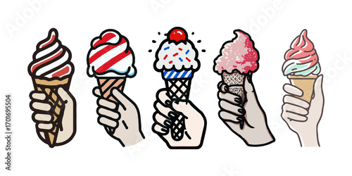 Cartoon-style illustration of five hands each holding a different colorful ice cream cone, drawn in bold lines, on white background, concept of summer treats