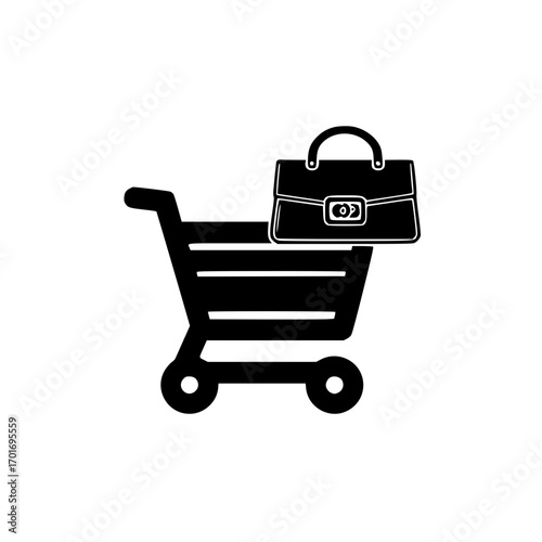 Ecommerce shopping cart with small handbag icon vector for retail marketing and product sale