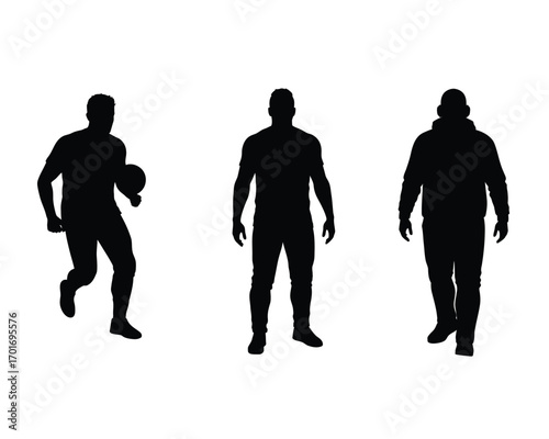 Three diverse male silhouettes in black against a white background one holding a ball one standing still and one walking