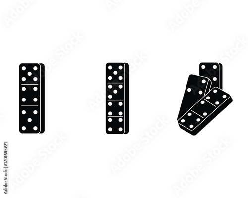 Three black dominoes with white dots arranged vertically and in a cluster against a white background in a simple graphic style