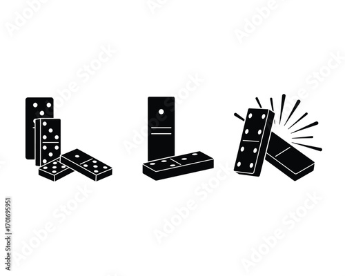 Three distinct black and white illustrations of dominoes in various arrangements and orientations on a white background