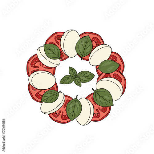 A vibrant and appetizing caprese salad arrangement featuring fresh mozzarella cheese slices, juicy tomatoes, and fragrant basil leaves on a clean white