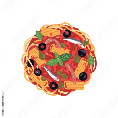 A delicious plate of spaghetti with tomato sauce and olives on a clean white background for culinary designs. The dish features a mix of pasta types including