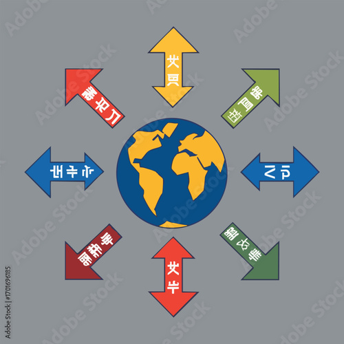 International Translation Day vector illustration featuring global language network, translation devices, language scripts, and digital communication symbols in solid colors.