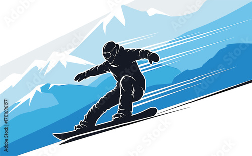 Dynamic Snowboarder Carving Through Scenic Mountain Landscape