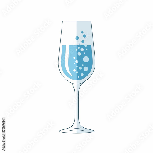 Light-blue champagne flute filled with effervescent drink, simple graphic illustration.