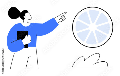 Woman holding a tablet gestures toward a segmented circle, emphasizing strategy, decision-making, teamwork, guidance, innovation, problem-solving, and progress. Ideal for leadership planning