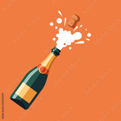 An illustrative image of a green champagne bottle with a gold top, popping its cork and spilling white foam and splashes on an orange background.