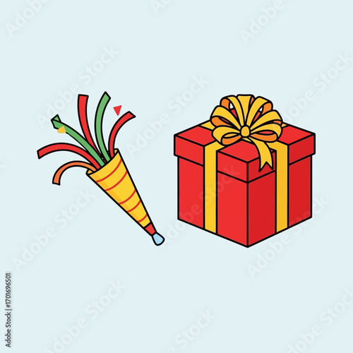 A colorful party popper explodes with streamers next to a red gift box tied with a yellow ribbon.
