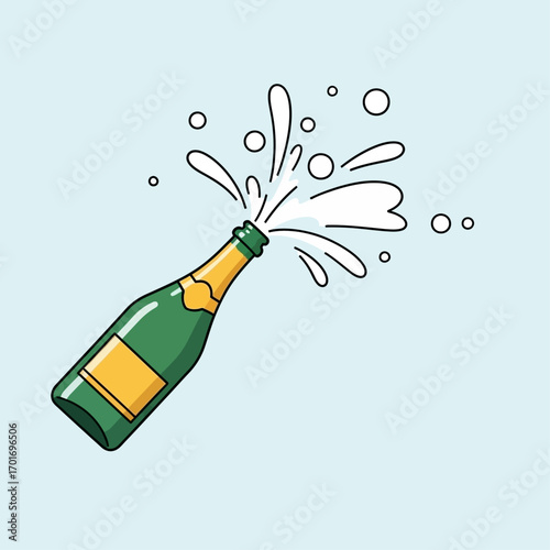 A green champagne bottle pops, spraying celebratory bubbles.