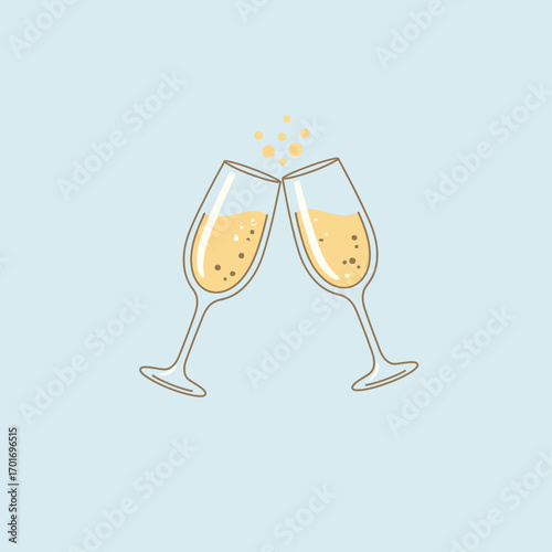 Two illustrated champagne flutes clinking in a celebratory toast with sparkling bubbles on a light blue background.