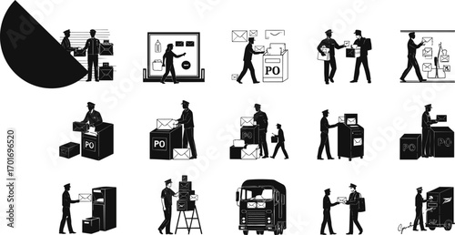 Post office vector illustration with mail delivery, postal workers, envelopes, packages, mailboxes, courier service, shipping logistics, and parcel transportation icons