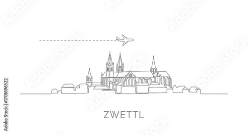 Zwettl skyline with travel, austria, airplane, and line art.