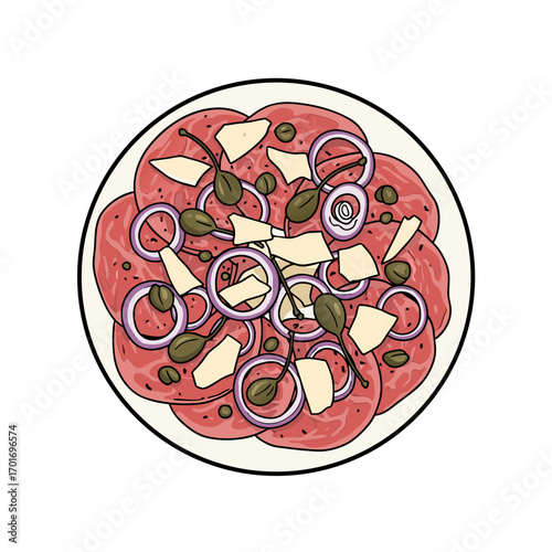A delicious caprese salad with sliced tomatoes cheese and fresh basil leaves on a plate presented in a minimalist style on a white background.