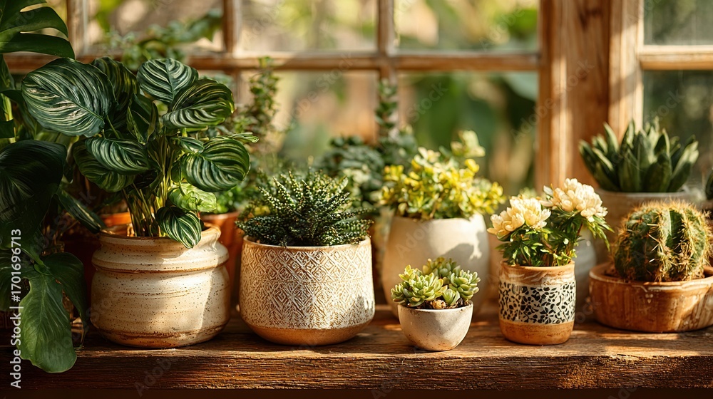 Fototapeta premium Various potted plants sit on a windowsill with natural light background.