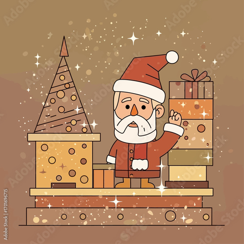 Cartoon Santa Claus stands on a platform with Christmas trees and presents.
