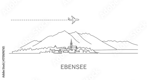 Ebensee Austria Skyline with minimal, Airplane, and mountain.