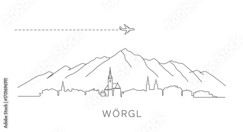 Wrgl Skyline with Plane, Mountains, and Austria.