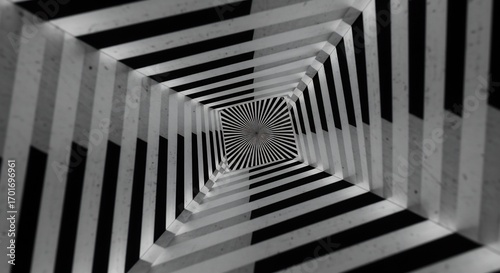 A receding geometric tunnel with black and white striped walls The far end shows a target design